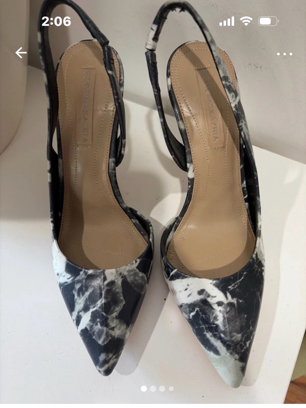 BCBGMaxAzria Black and White Marble-Print Pointed Slingback Heels